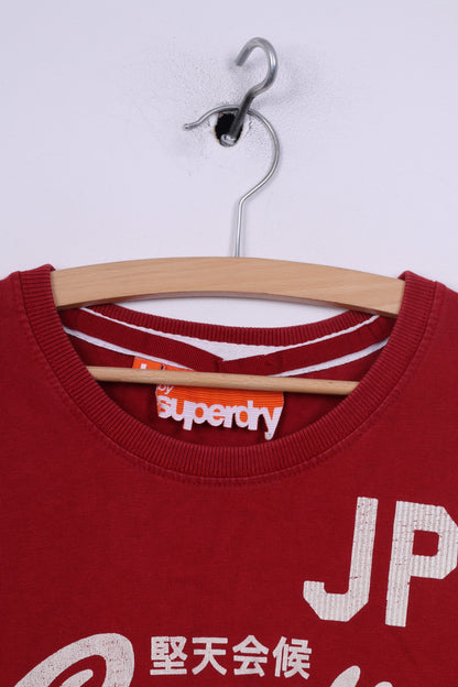 Superdry Mens L T-Shirt Graphic Cotton Red Crew Neck Top