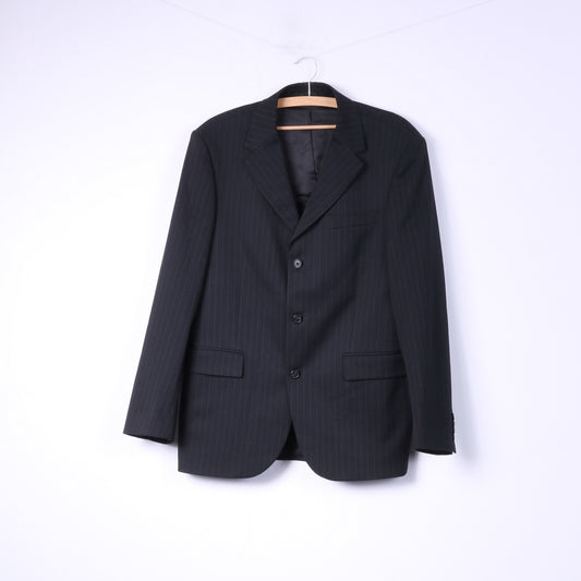 United Colors Of Benetton Homme 50 40 Costume Blazer Pantalon Noir Rayé Simple Boutonnage Stretch