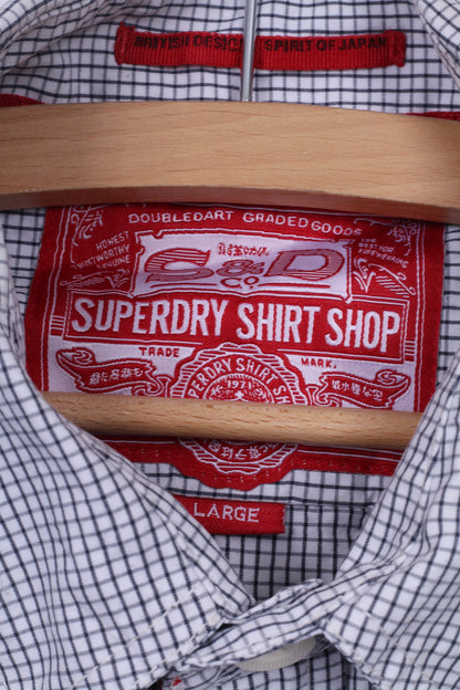 Superdry Mens L Casual Shirt White Check Long Sleeve Cotton Top