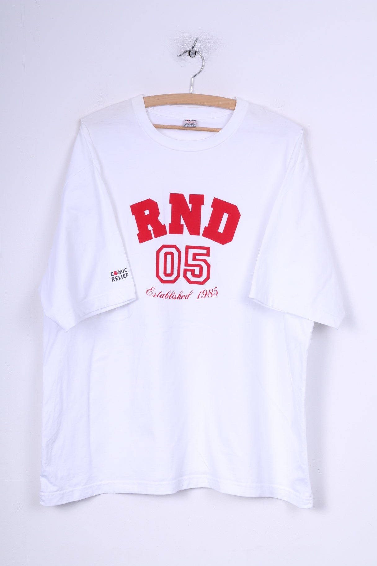Comic Relief RND 05 Mens XL T-Shirt Graphic White Cotton Established 1985 Summer