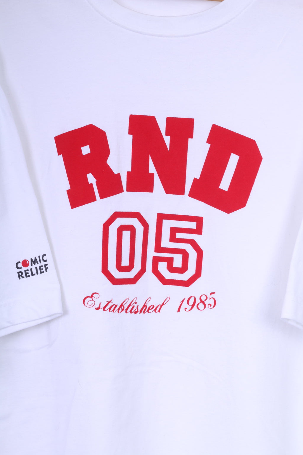 Comic Relief RND 05 hommes XL T-Shirt graphique blanc coton créé 1985 été 