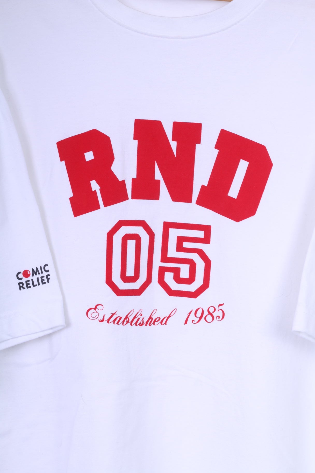 Comic Relief RND 05 hommes XL T-Shirt graphique blanc coton créé 1985 été 