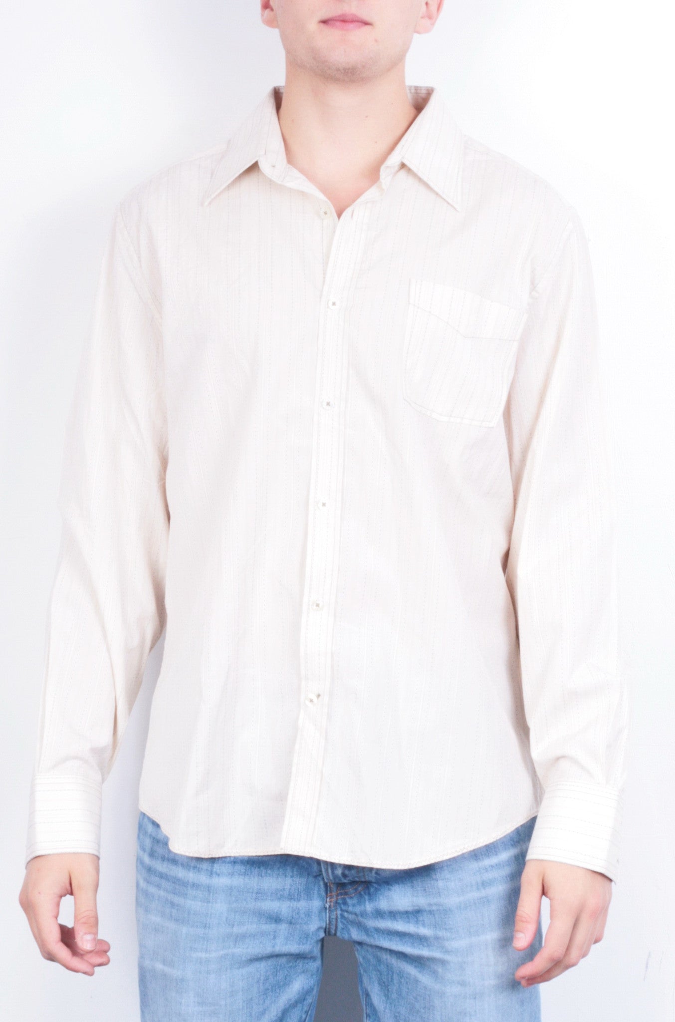 River Island Mens XL Casual Shirt Striped Cream Beige Cotton - RetrospectClothes