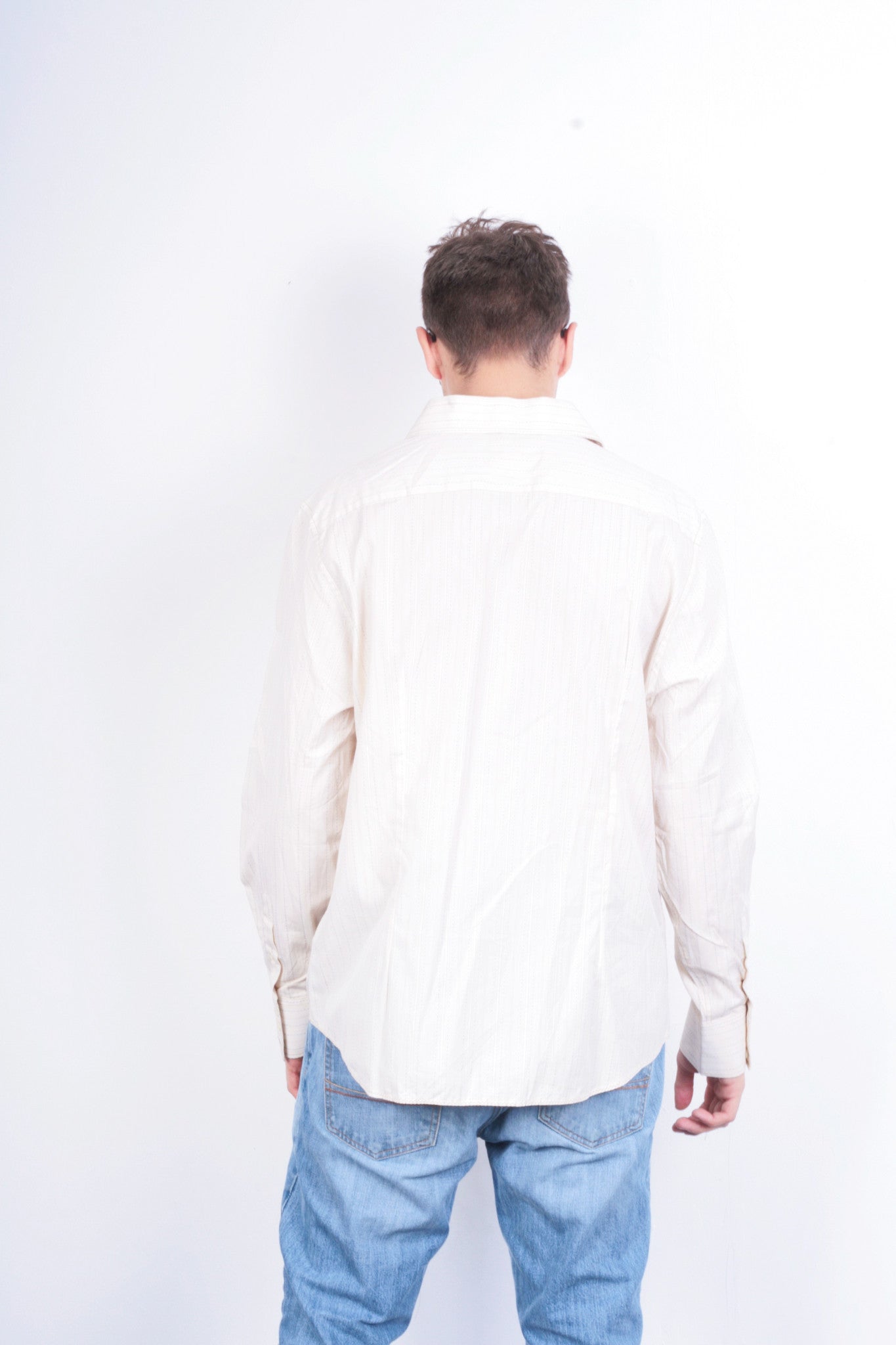 River Island Mens XL Casual Shirt Striped Cream Beige Cotton - RetrospectClothes