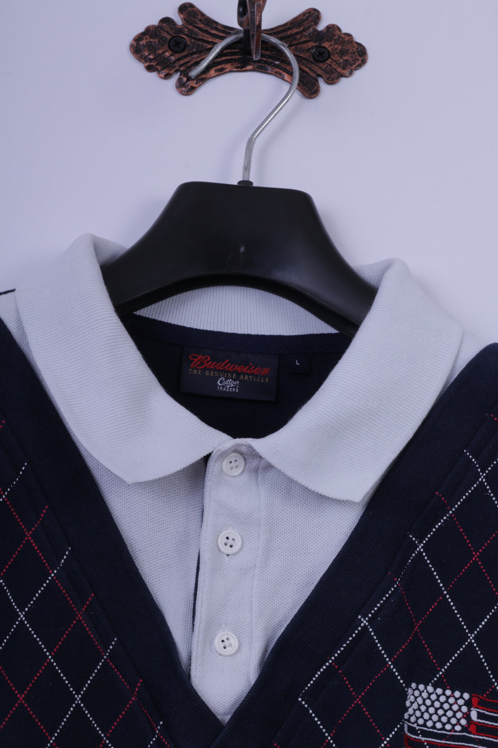 Cotton Traders Mens L Polo Shirt Budweiser Bud Gold Navy Cotton Top