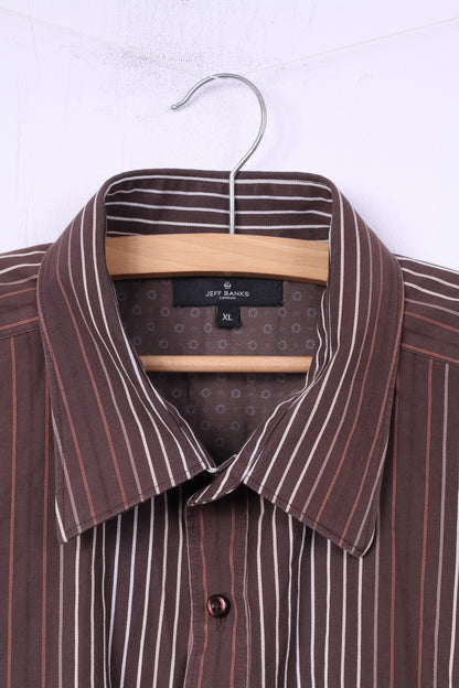 Jeff Banks London Mens XL Casual Shirt Brown Striped Long Sleeve Cotton Top