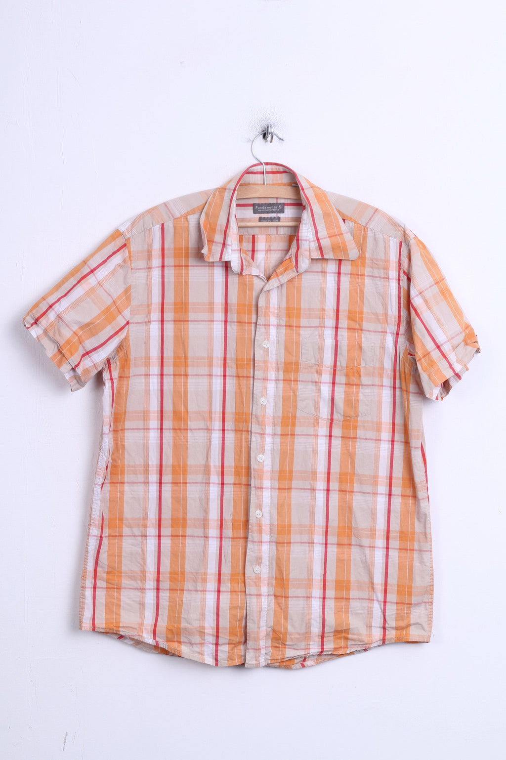 Fundamentals Mens L Casual Shirt Check Orange Pure Cotton Top - RetrospectClothes