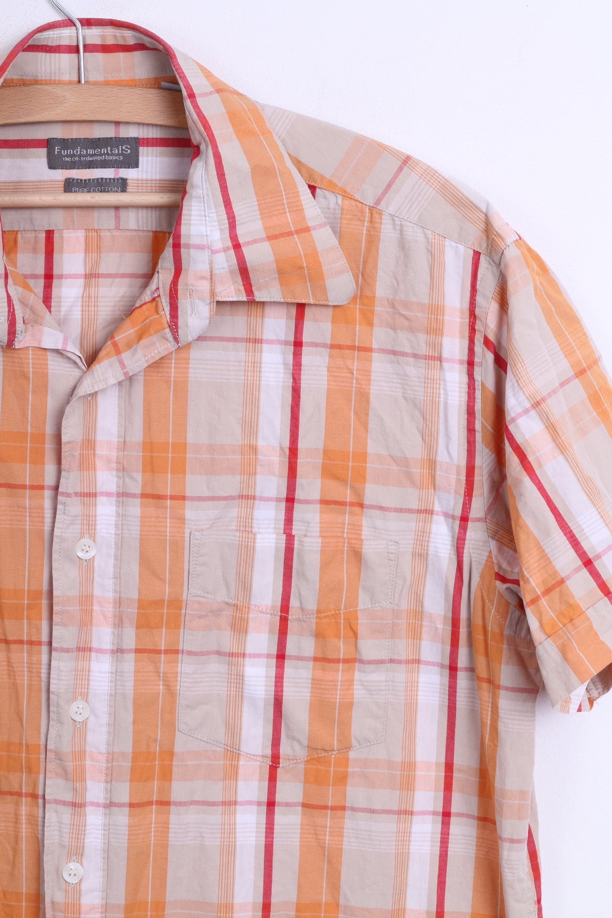 Fundamentals Mens L Casual Shirt Check Orange Pure Cotton Top - RetrospectClothes