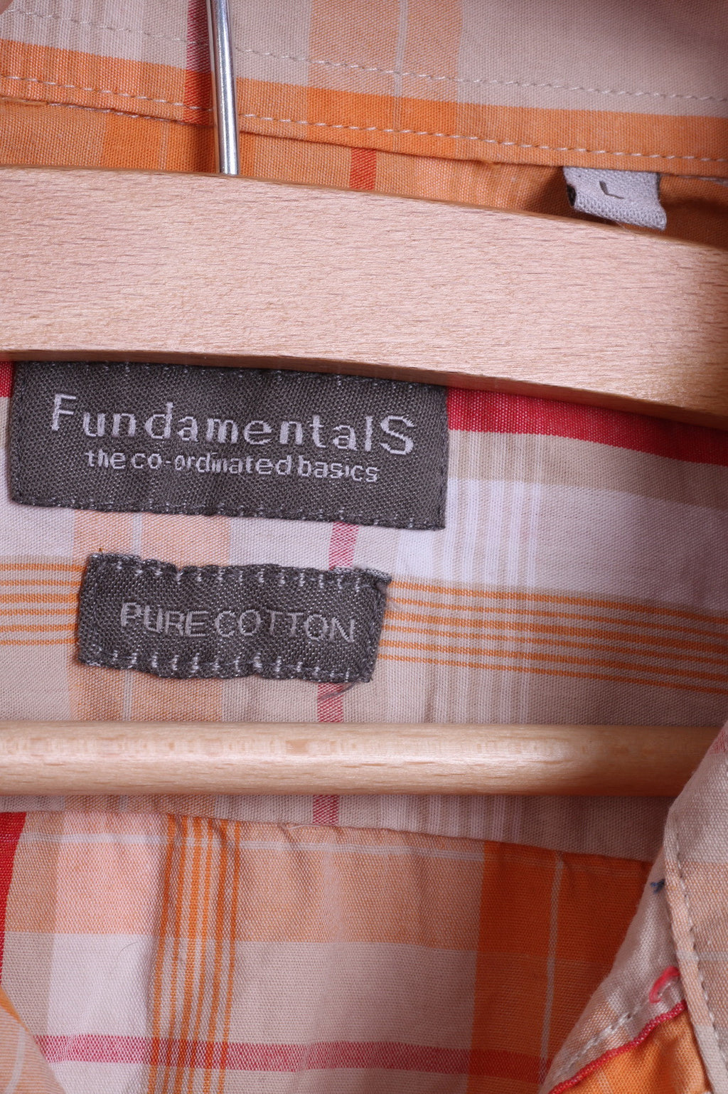 Fundamentals Mens L Casual Shirt Check Orange Pure Cotton Top - RetrospectClothes