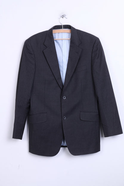 T.M.Lewin Mens 38R M Jacket Blazer Merino Wool Dark Grey Striped - RetrospectClothes