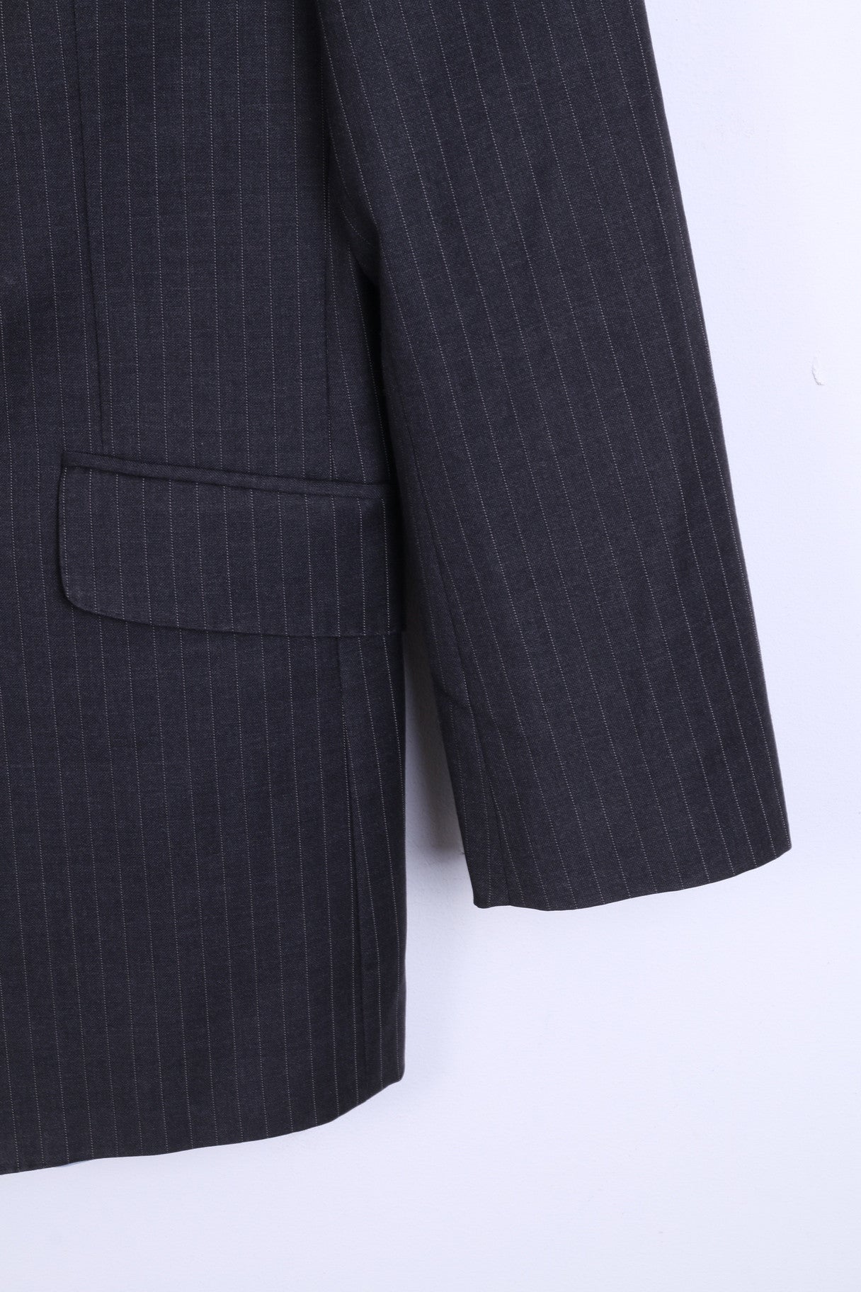 T.M.Lewin Mens 38R M Jacket Blazer Merino Wool Dark Grey Striped - RetrospectClothes