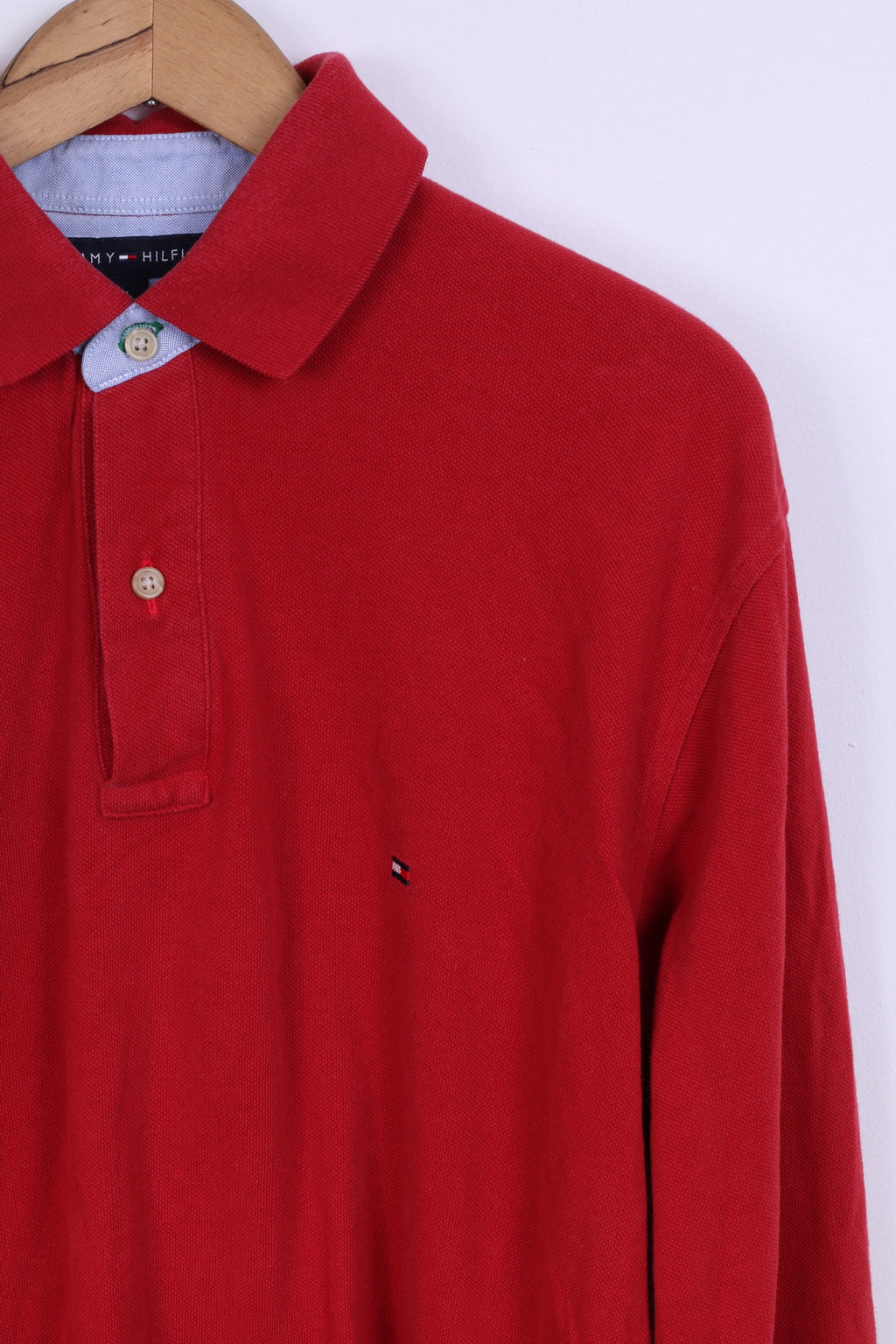 Tommy Hilfiger Mens L Polo Shirt Long Sleeved Red Cotton Top