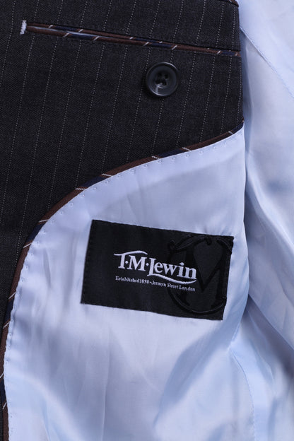 T.M.Lewin Mens 38R M Jacket Blazer Merino Wool Dark Grey Striped - RetrospectClothes