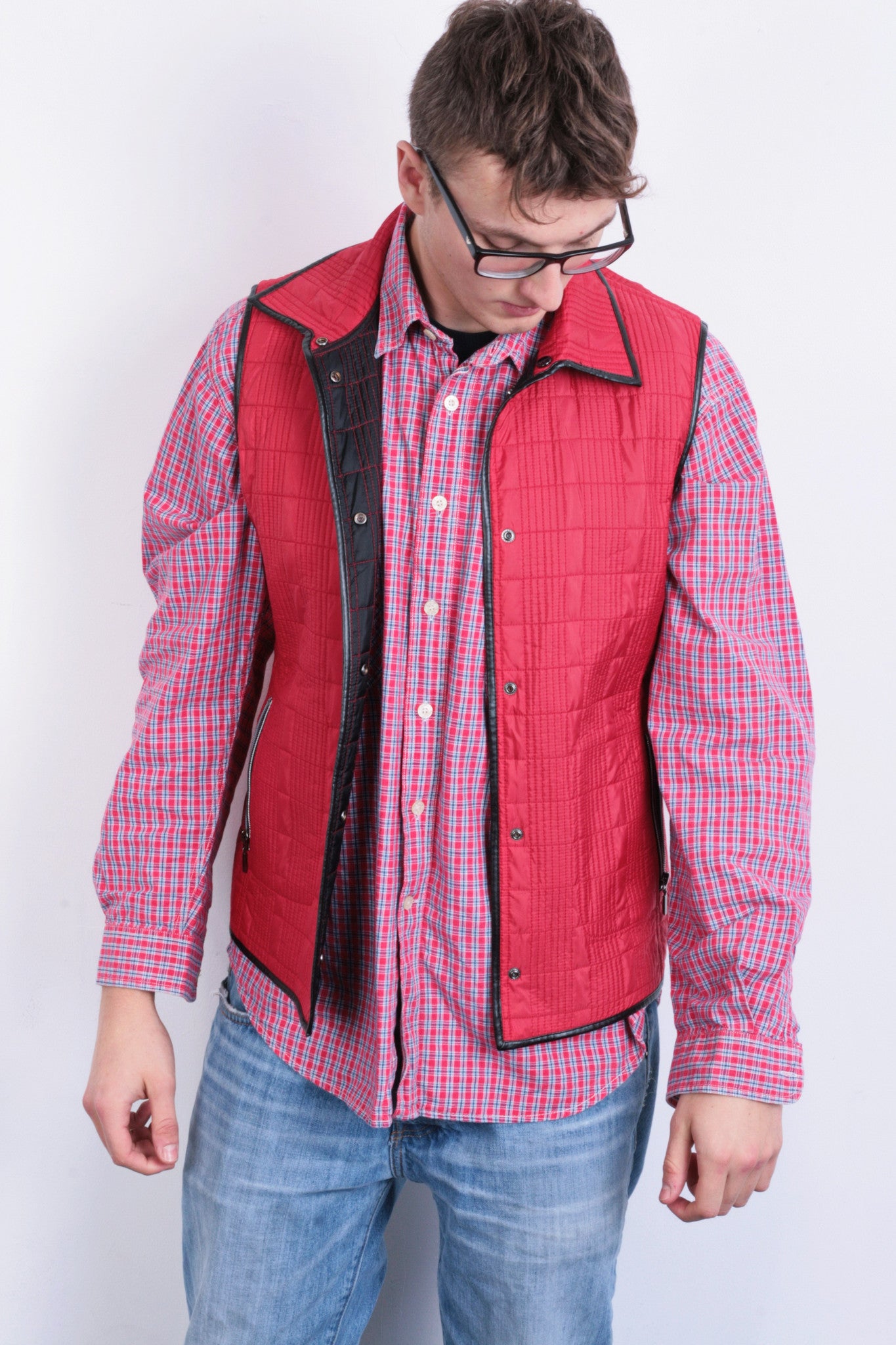 Mens M/L Waistcoat Black Red Sleeveless Bodywarmer Reversible - RetrospectClothes