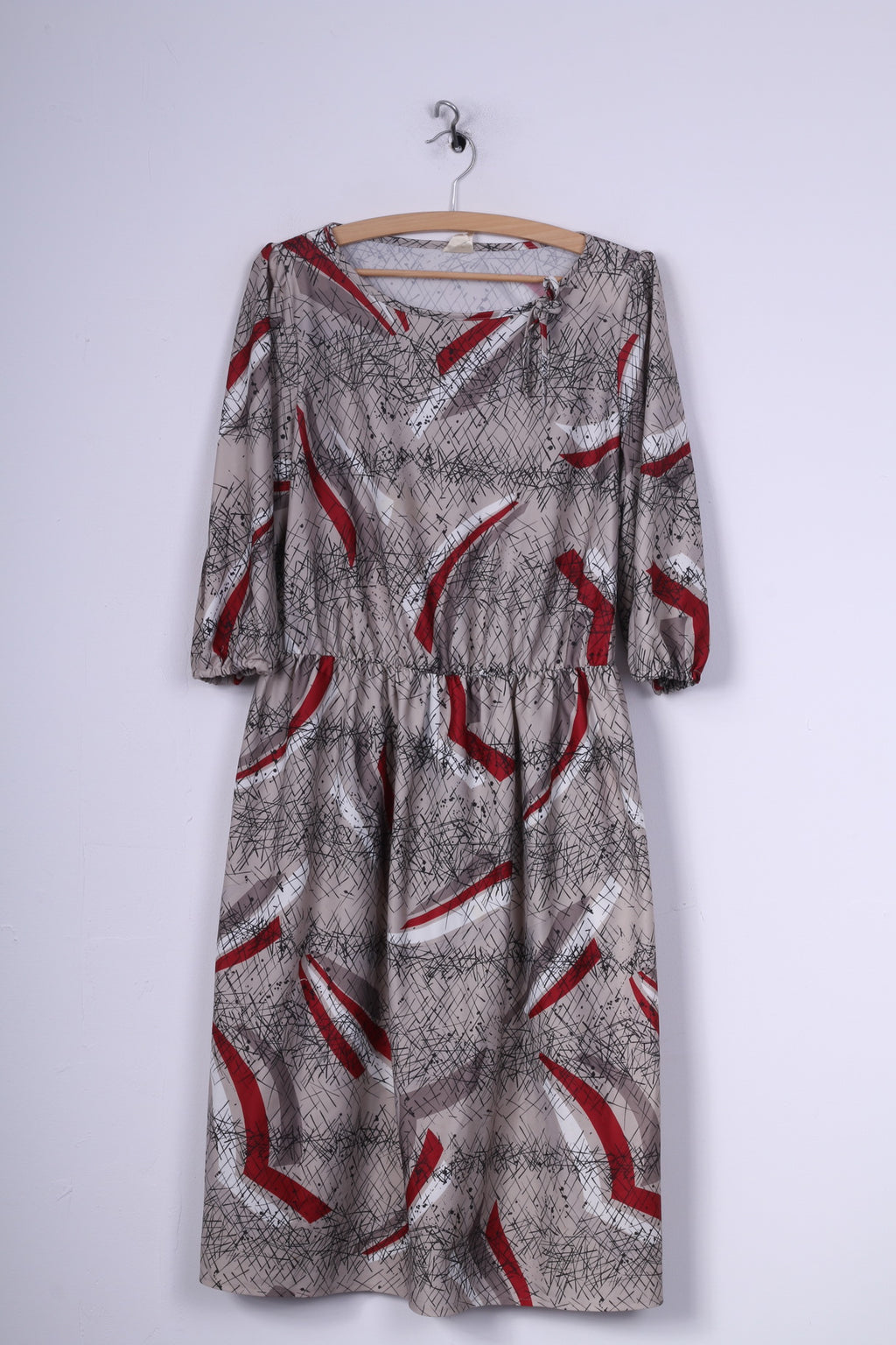 Abito midi vintage da donna L con stampa astratta, girocollo grigio, manica corta 