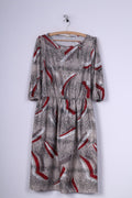 Abito midi vintage da donna L con stampa astratta, girocollo grigio, manica corta 
