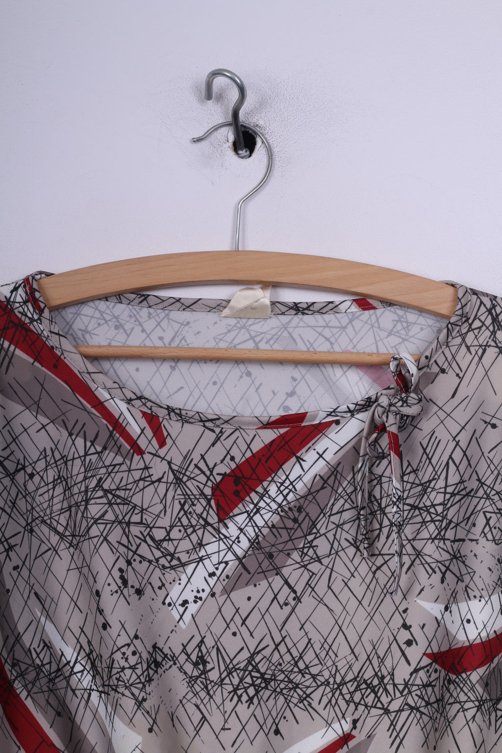 Abito midi vintage da donna L con stampa astratta, girocollo grigio, manica corta 