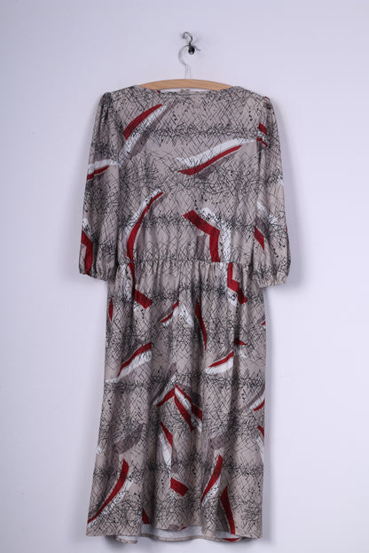 Vintage Womens L Midi Dress Abstract-Print Grey Crew Neck Short Sleeve