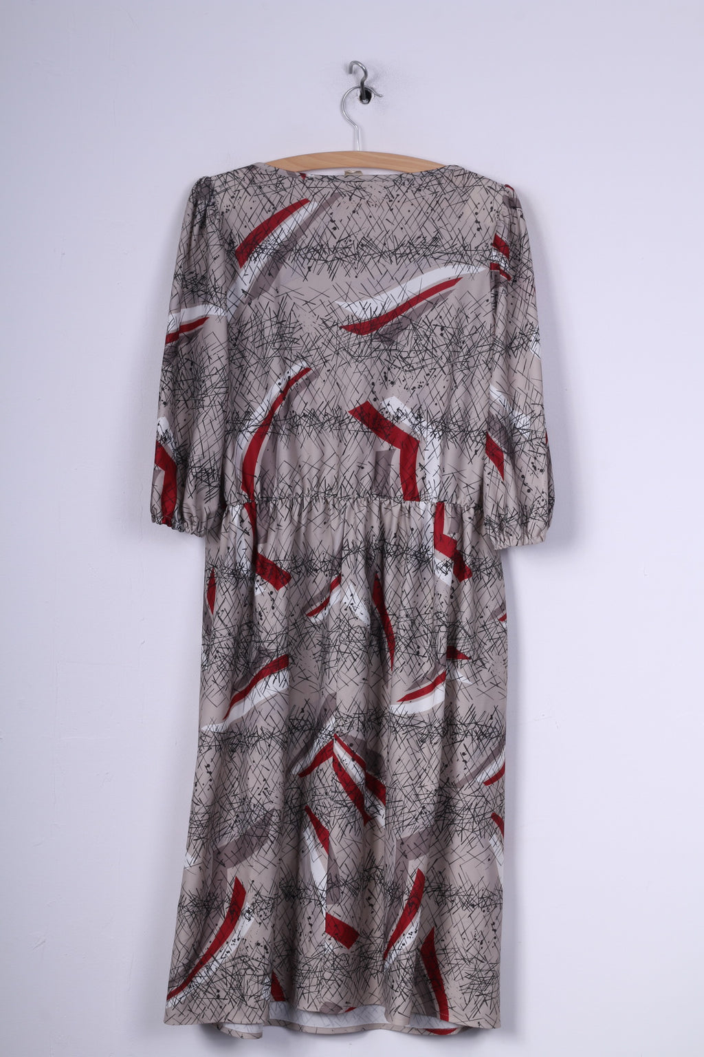 Abito midi vintage da donna L con stampa astratta, girocollo grigio, manica corta 