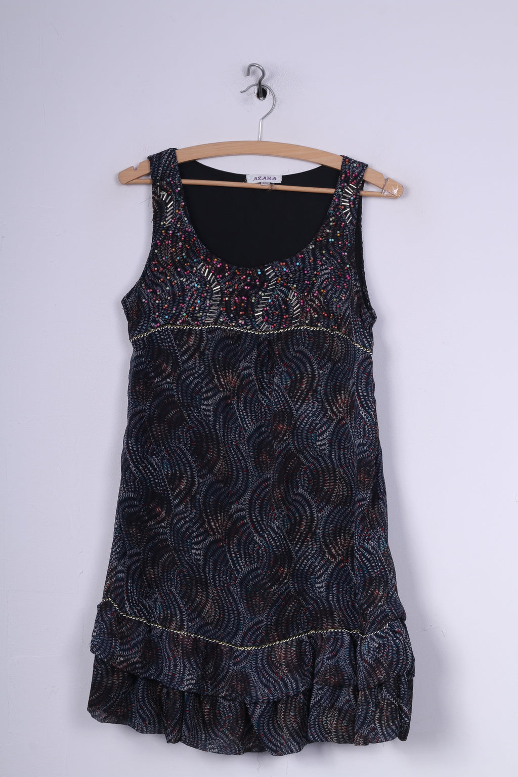 AZARA Femme S/M Mini Robe Sans Manches Volant Bleu Marine 