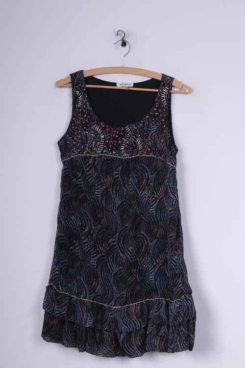 AZARA Women  S M Mini Dress Sleeveless Navy Flounce Vintage Retro