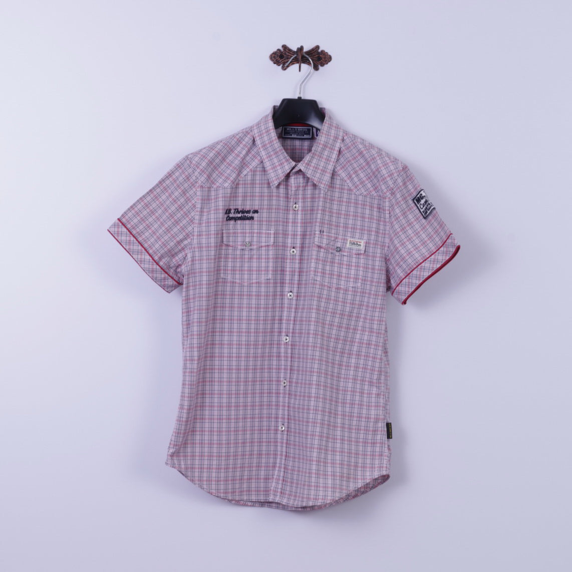 Mills Brothers Camicia casual da uomo XL (M) Cotone a quadri rossi X18 Abbigliamento vintage Manica corta