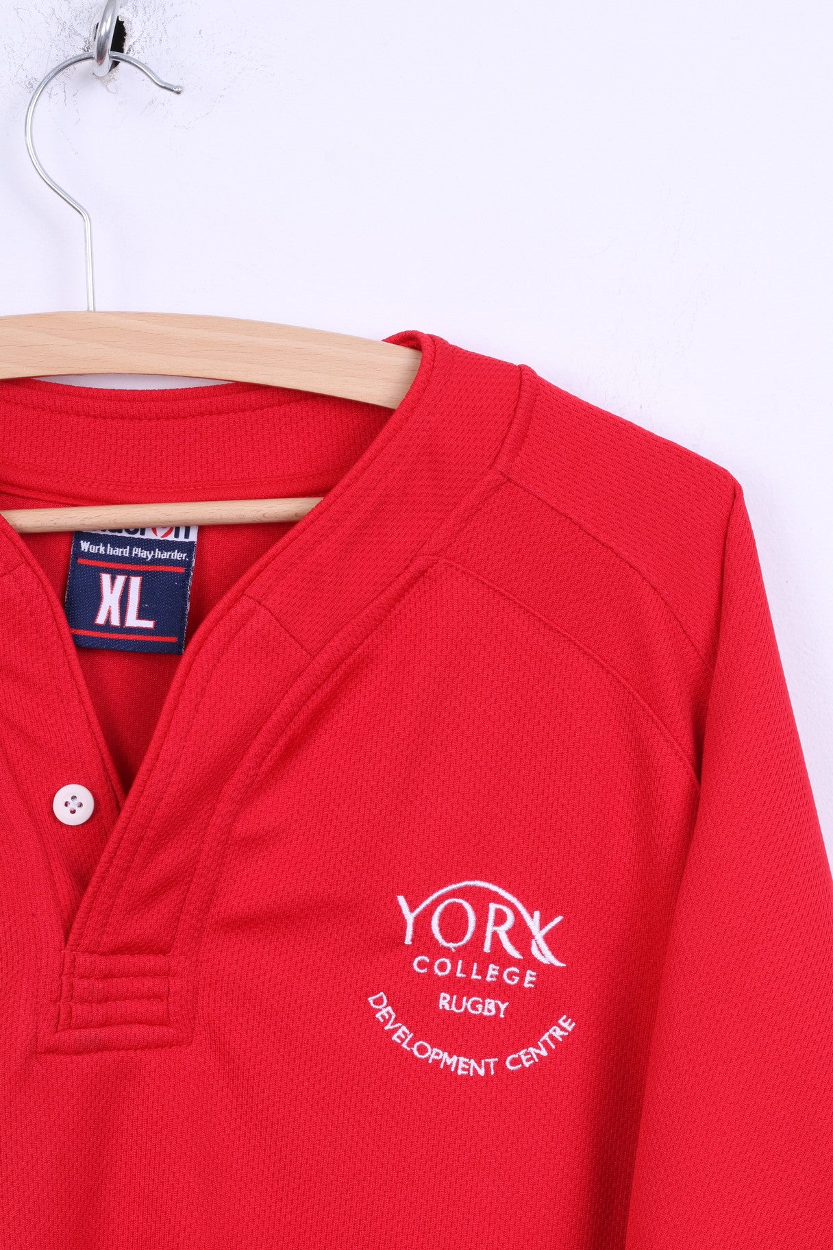 Maglia XL da uomo Macron Rugby York College 15 Jersey rossa con scollo a V