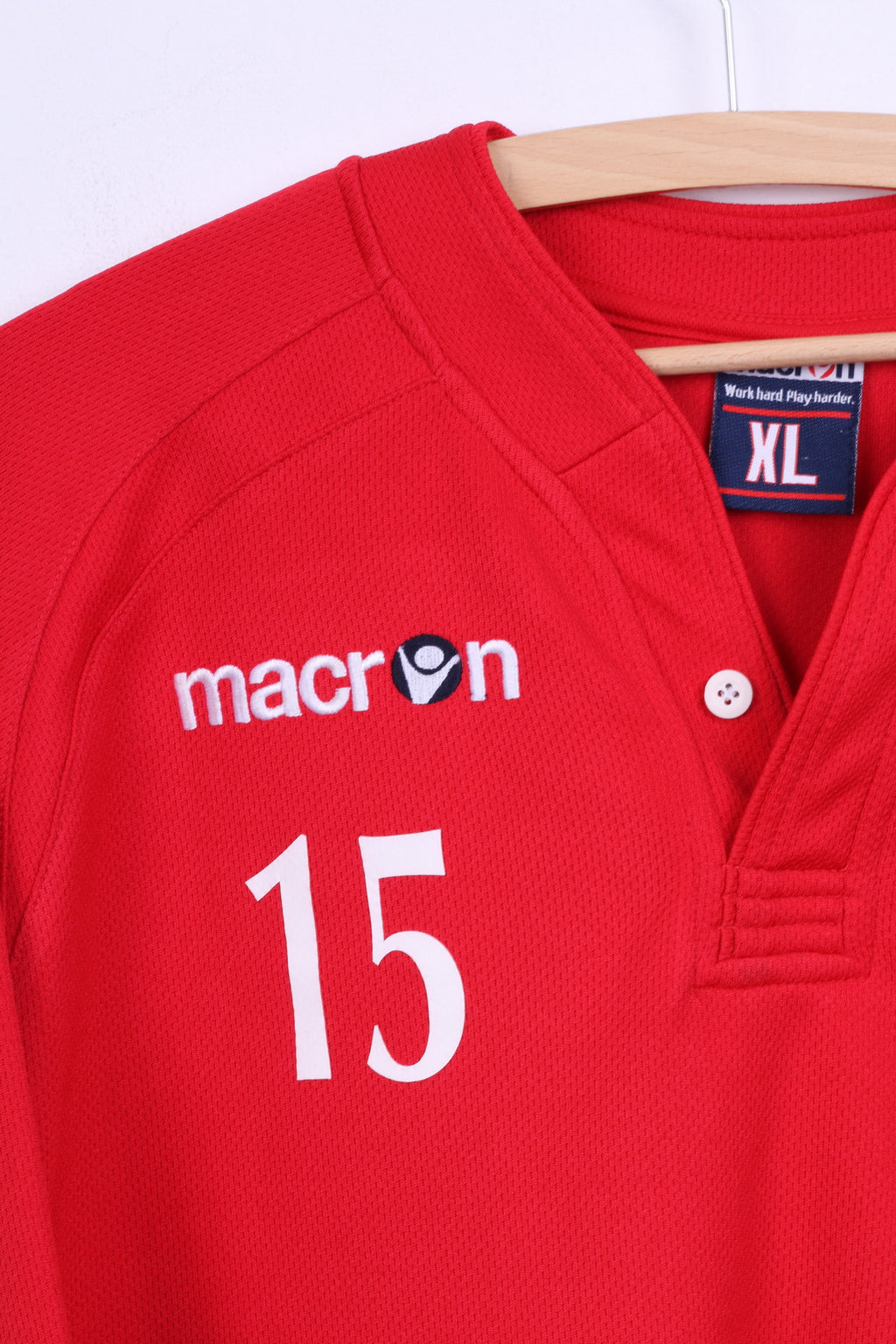 Maglia XL da uomo Macron Rugby York College 15 Jersey rossa con scollo a V