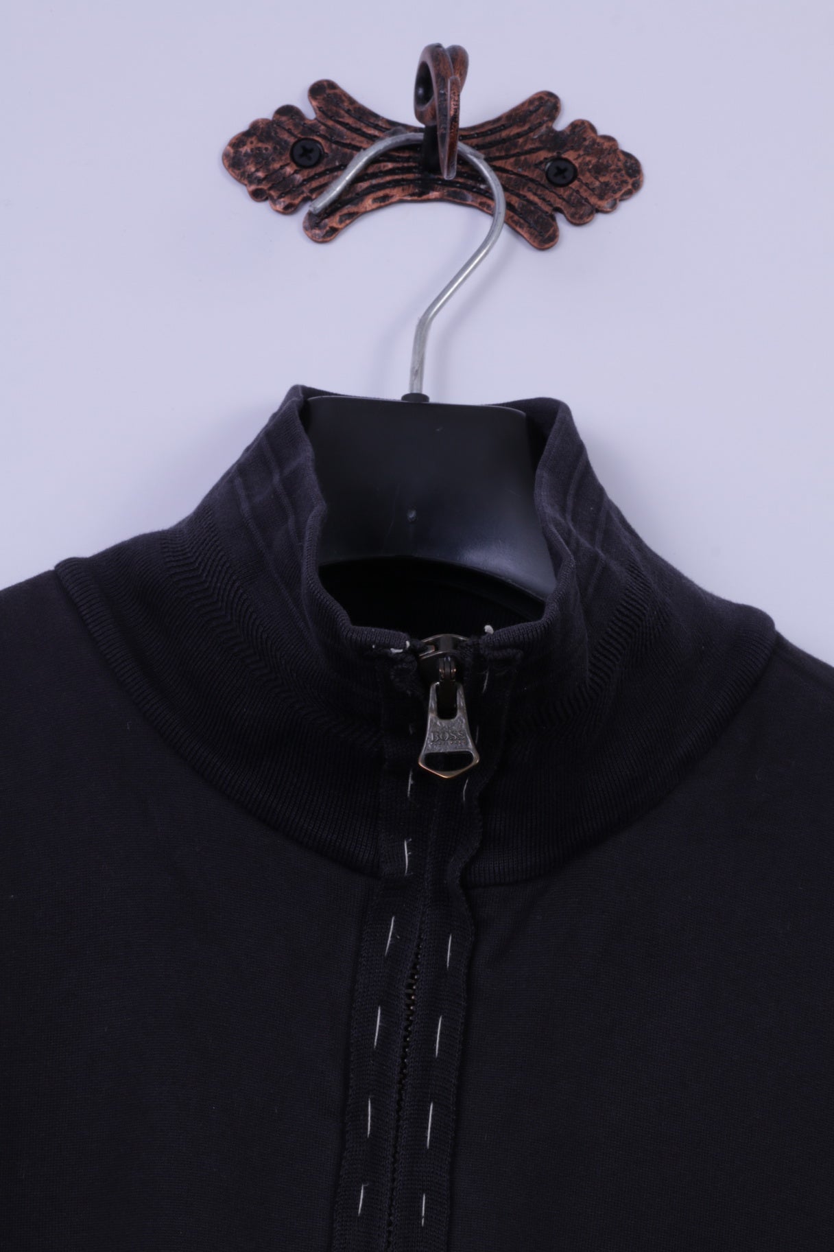Hugo Boss Hommes M Sweatshirt Noir 100% Coton Fermeture Éclair Complète Cousu Haut Détaillé