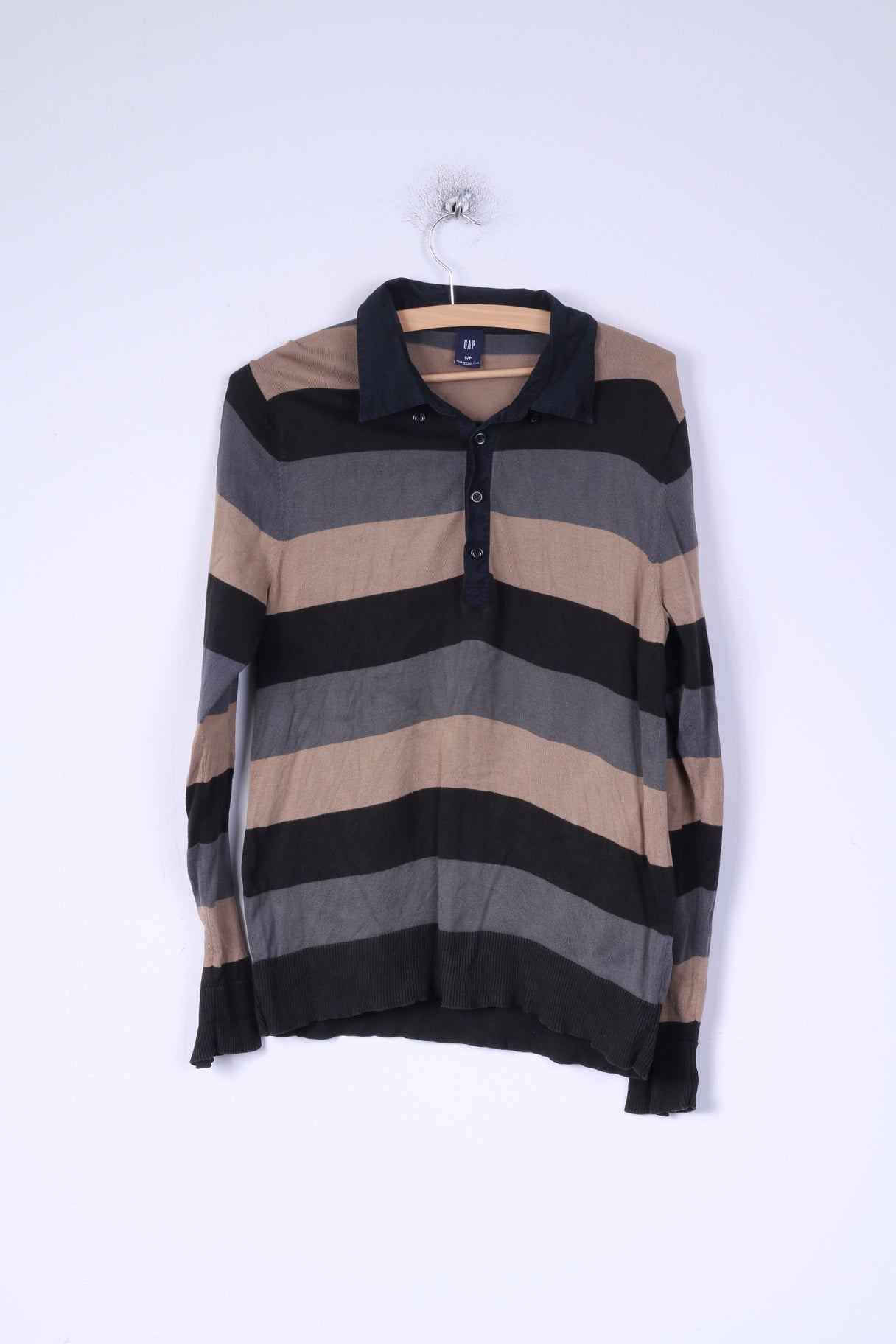 GAP Mens S Polo Shirt Long Sleeve Cotton Striped Dark