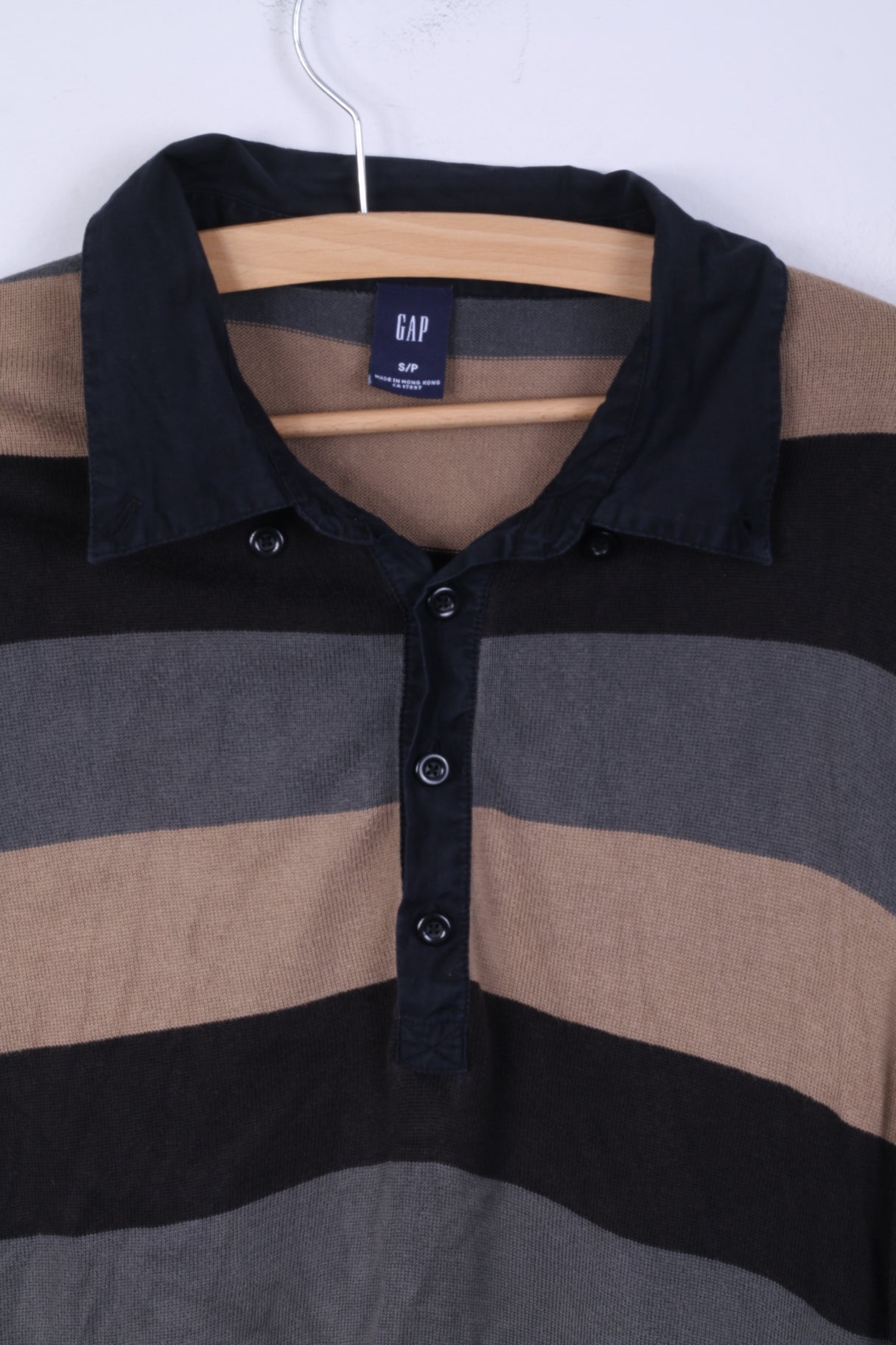 GAP Mens S Polo Shirt Long Sleeve Cotton Striped Dark