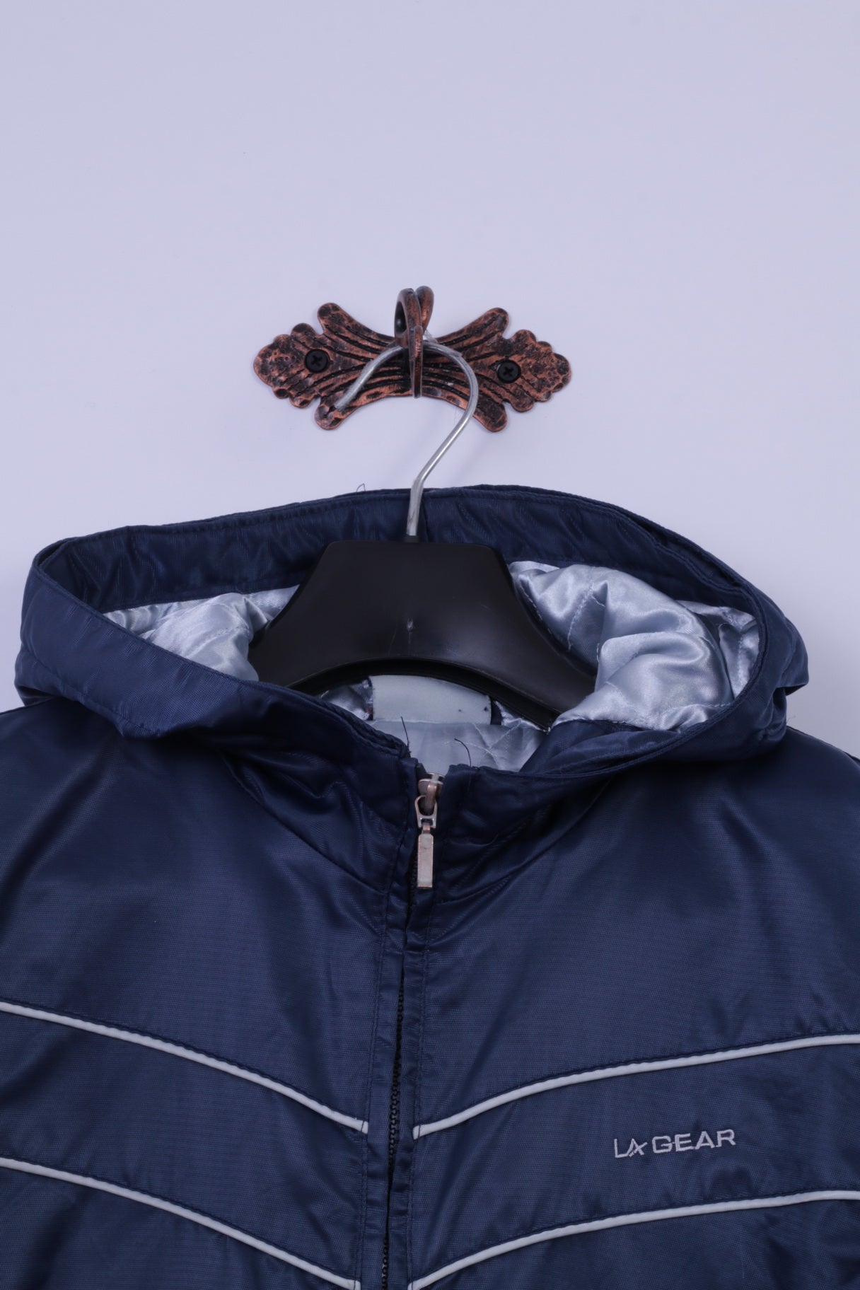 La Gear Womens 12 S Coat Navy 100% Nylon Shiny Hooded Full Zipper Casual Top