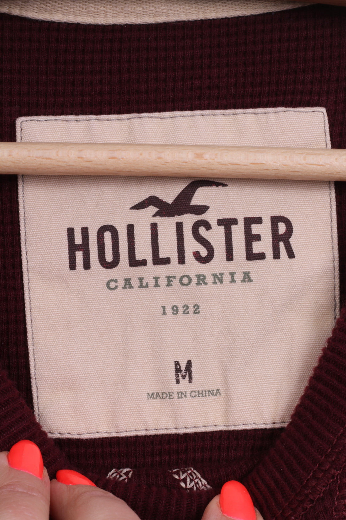 Camicia Hollister da uomo a maniche lunghe M in cotone bordeaux girocollo elasticizzato