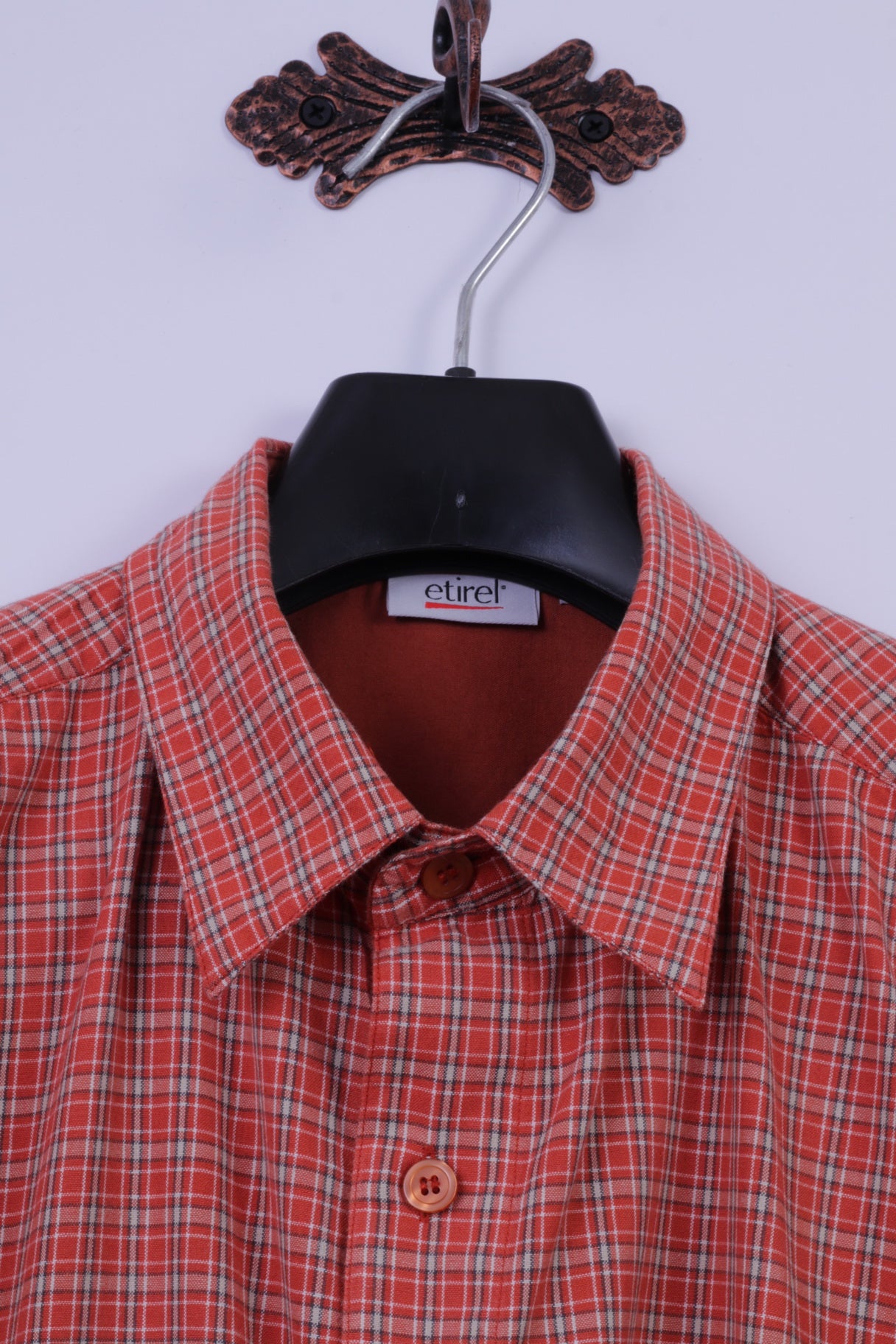 Etirel Chemise décontractée pour homme en coton à carreaux orange avec deux poches et manches courtes pour l'extérieur