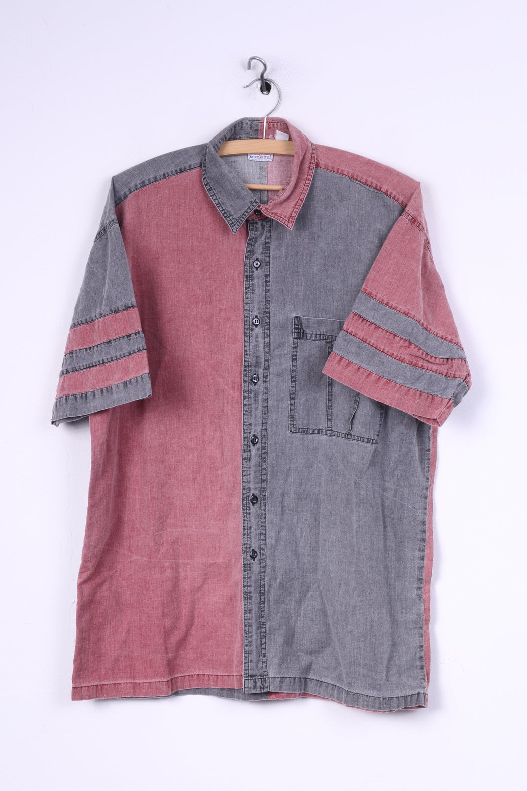 Ariozona Jeans Mens L Casual Shirt Grey Red Short Sleeve Cotton American Style