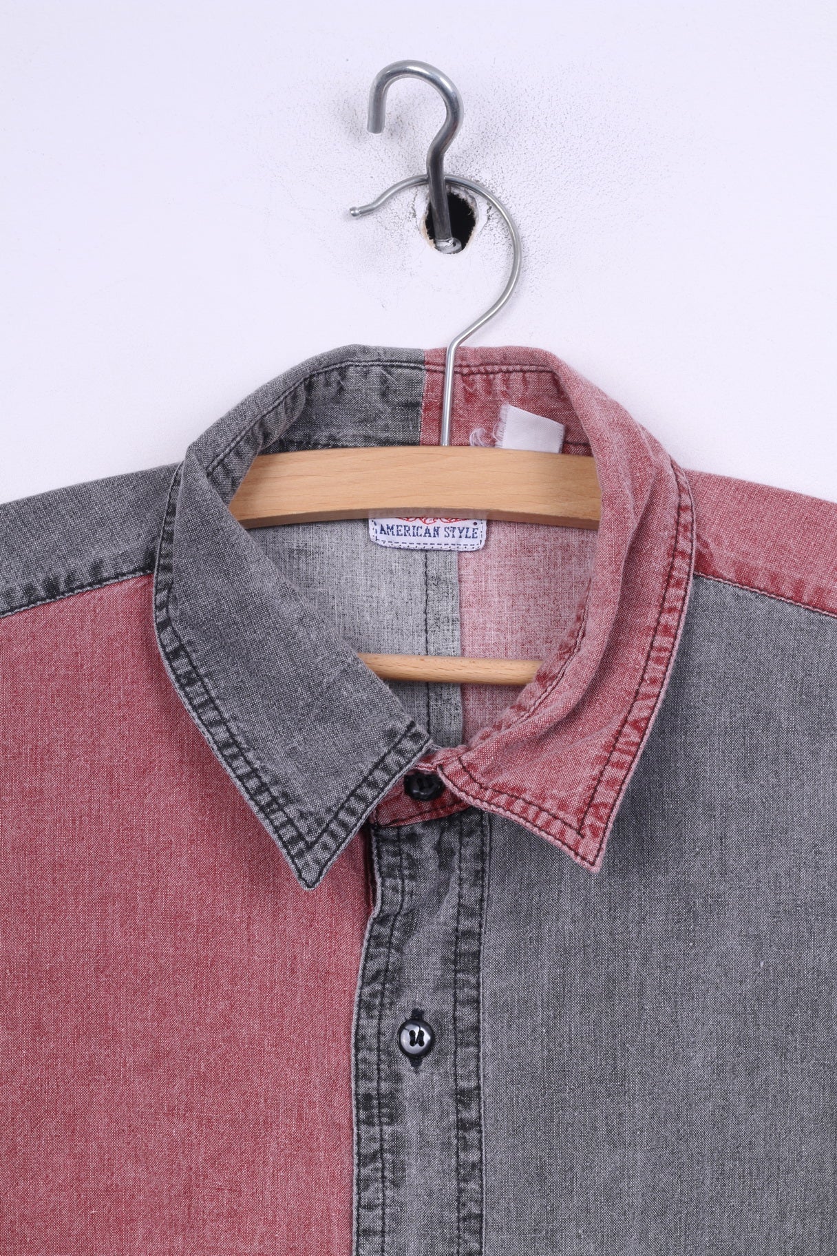 Ariozona Jeans Mens L Casual Shirt Grey Red Short Sleeve Cotton American Style