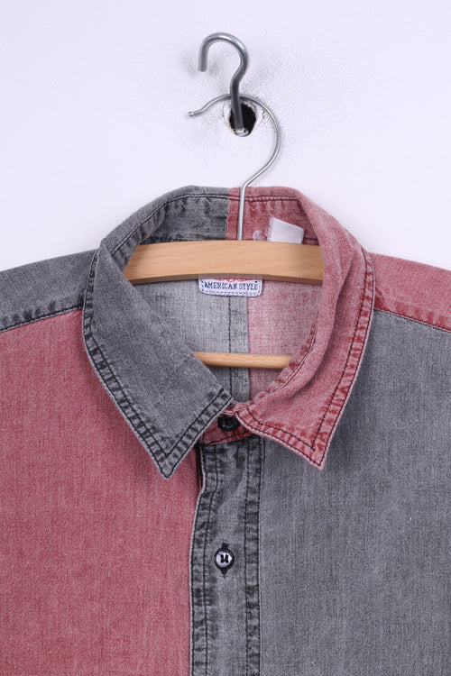 Ariozona Jeans Mens L Casual Shirt Grey Red Short Sleeve Cotton American Style