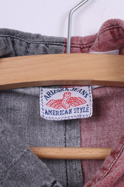Ariozona Jeans Camicia Casual da Uomo L Grigio Rosso Manica Corta in Cotone Stile Americano 