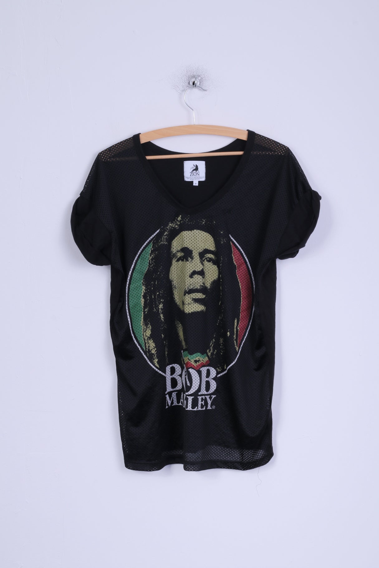 Camicia Zion Rootswear Atmosphere da donna 10 M, scollo a V in rete nera Bob Marley
