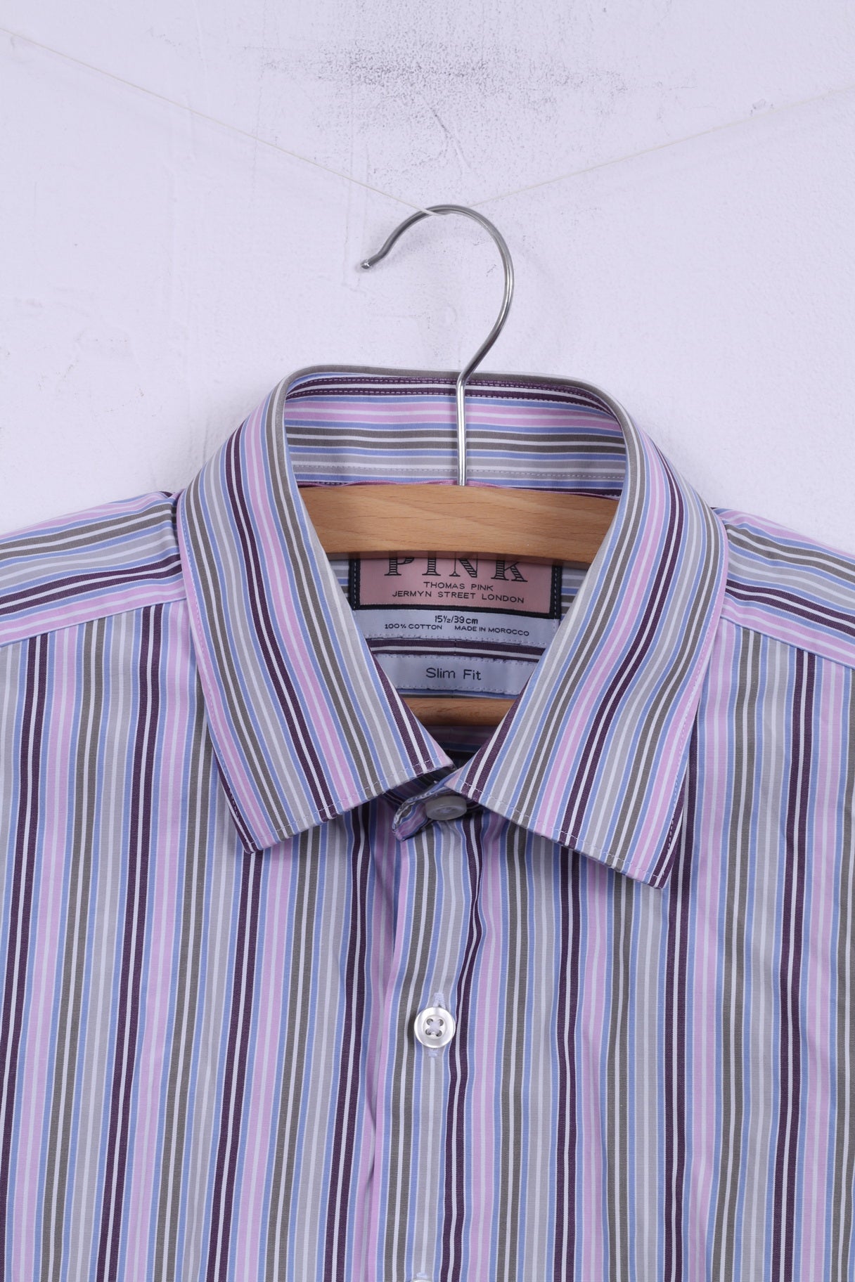 Thomas Pink Men 15.5 39 S/M Casual Shirt Pink Striped Slim Fit Cotton Long Sleeve Top