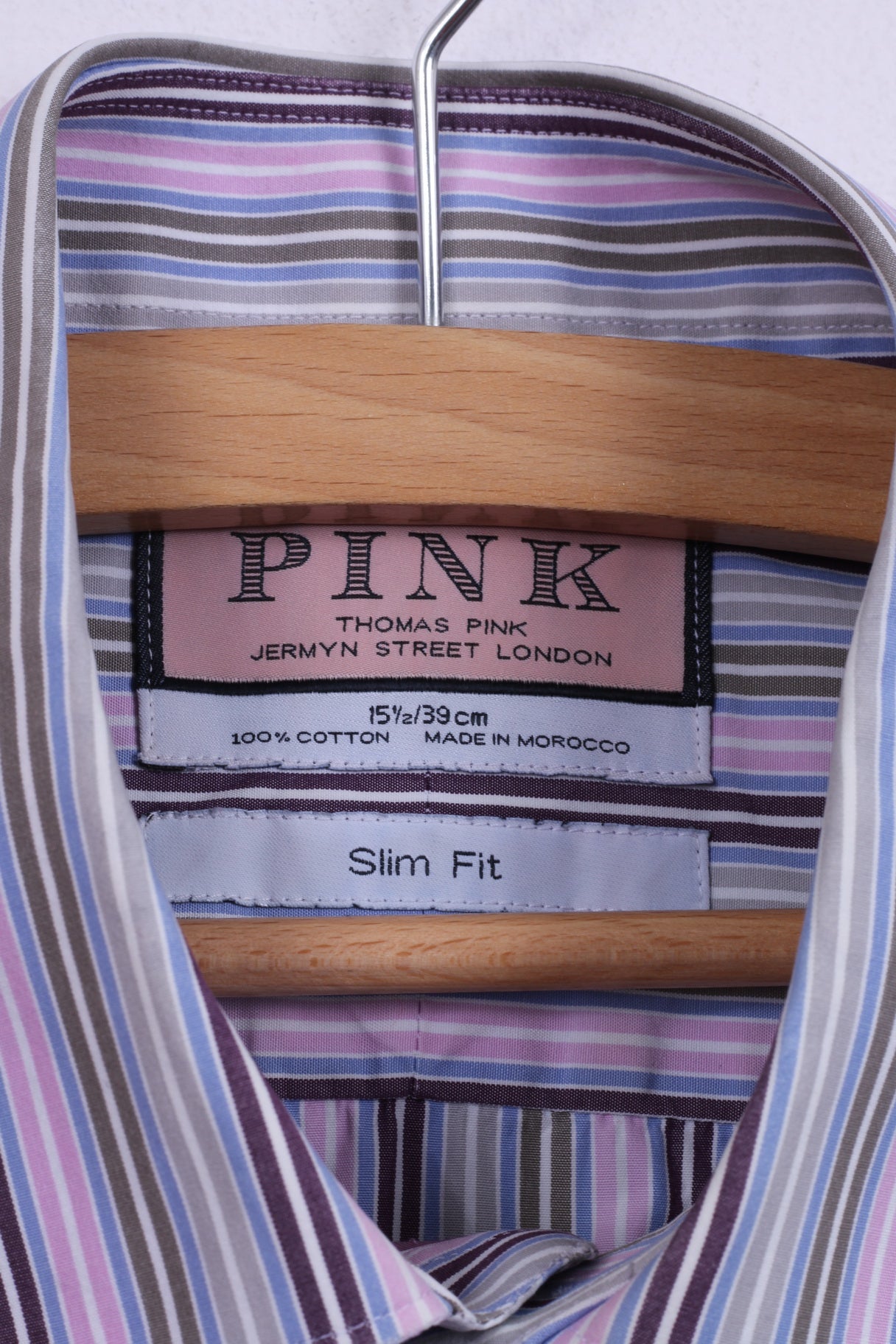 Thomas Pink Men 15.5 39 S/M Casual Shirt Pink Striped Slim Fit Cotton Long Sleeve Top