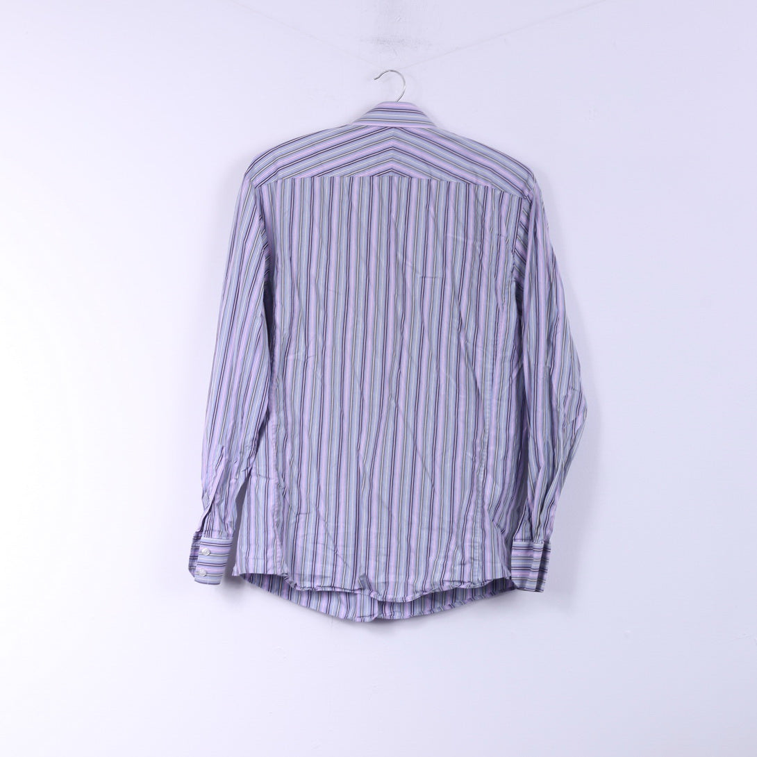 Thomas Pink Men 15.5 39 S/M Casual Shirt Pink Striped Slim Fit Cotton Long Sleeve Top