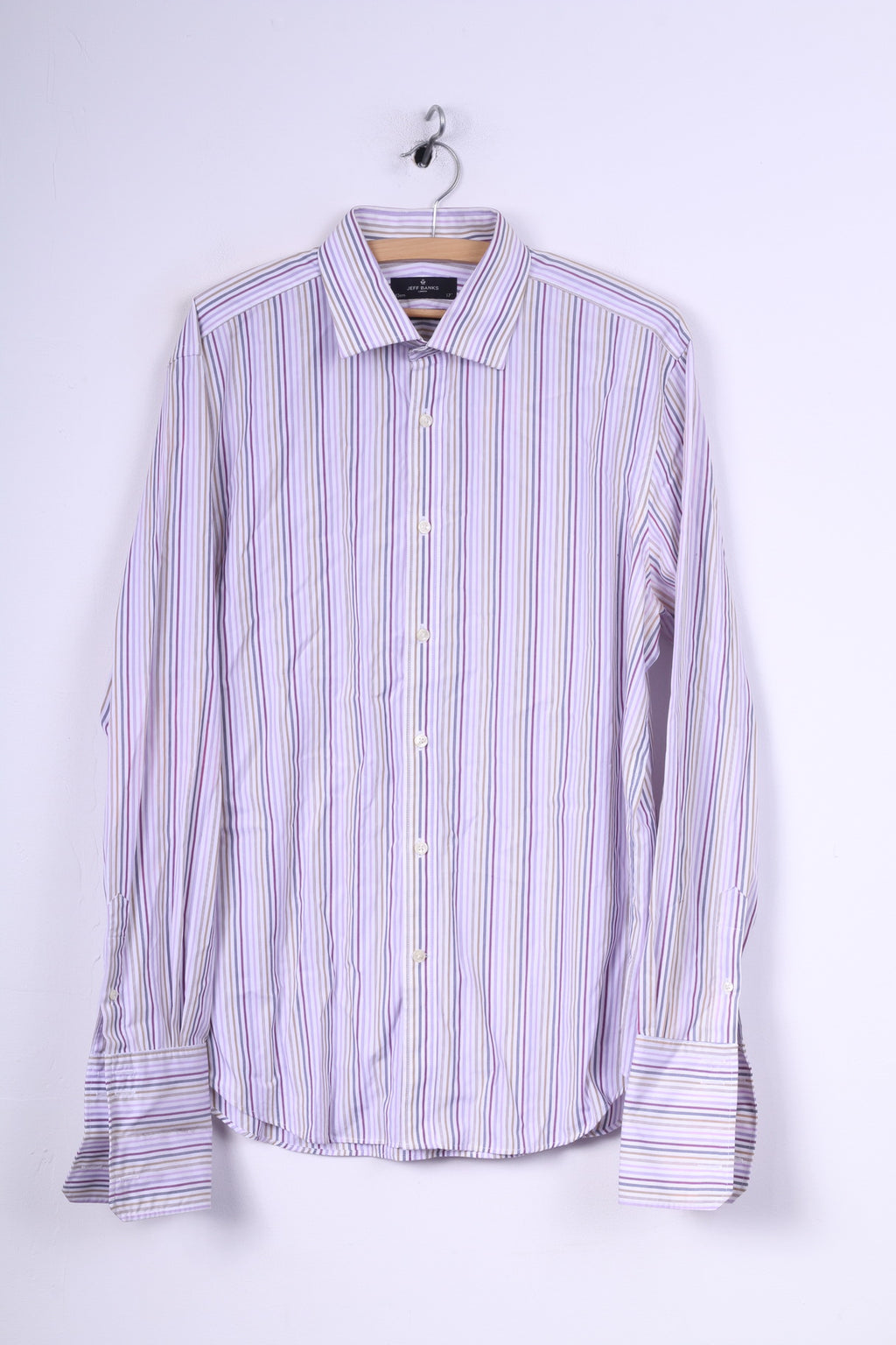 Jeff Banks London Chemise décontractée pour homme 43 17 L Violet rayé Coupe ajustée Boutons de manchette à manches longues 