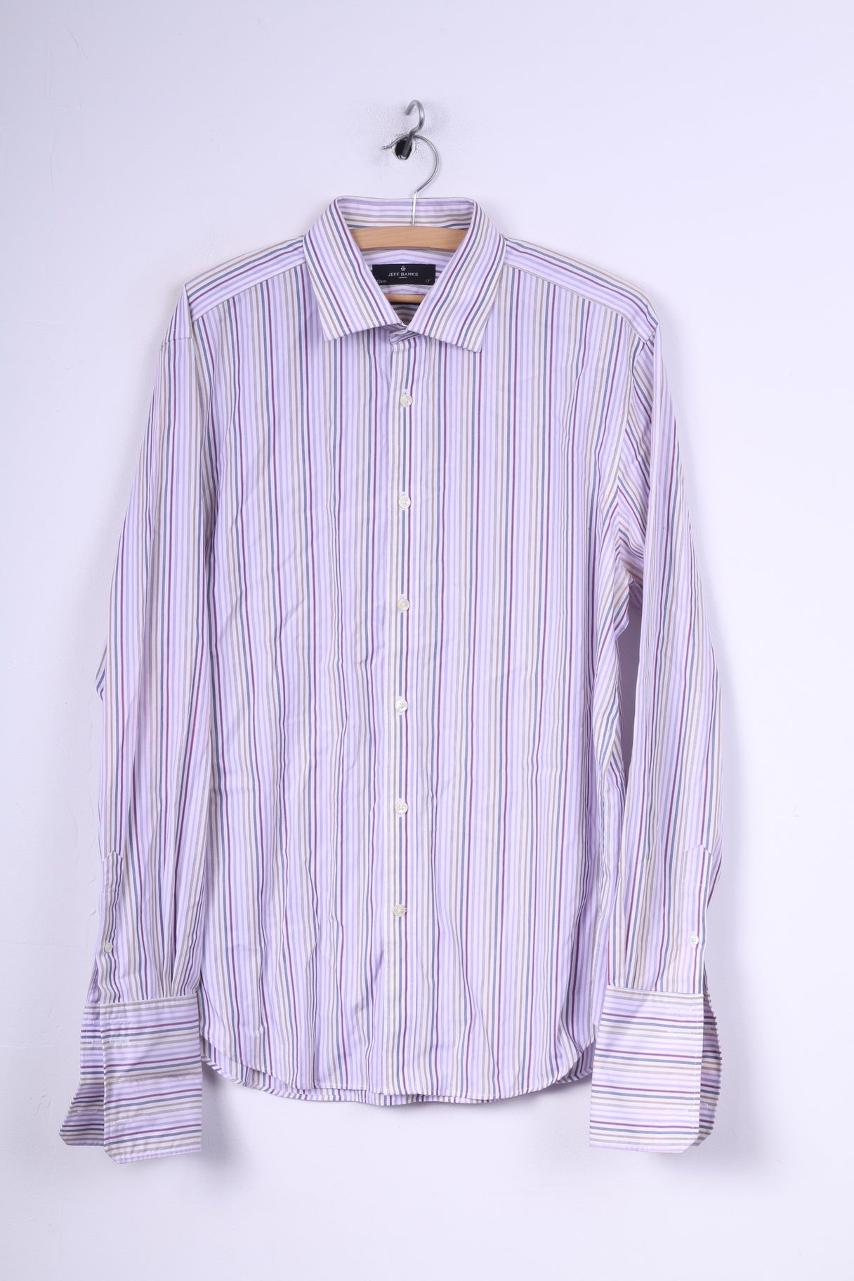 Jeff Banks London Chemise décontractée pour homme 43 17 L Violet rayé Coupe ajustée Boutons de manchette à manches longues 