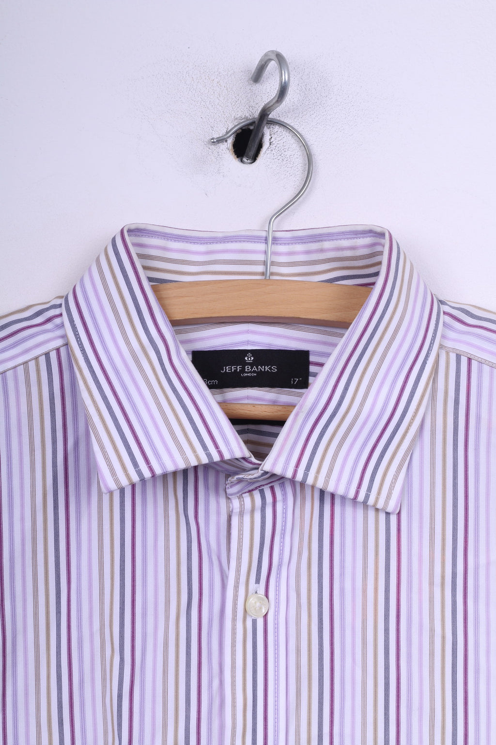 Jeff Banks London Chemise décontractée pour homme 43 17 L Violet rayé Coupe ajustée Boutons de manchette à manches longues 