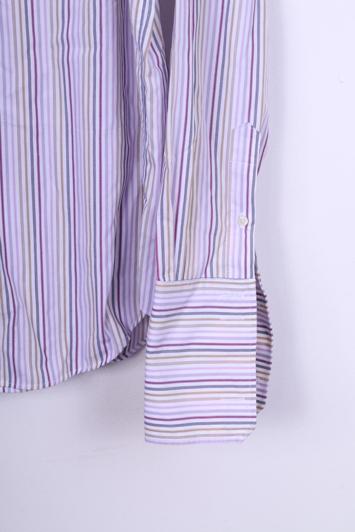 Jeff Banks London Chemise décontractée pour homme 43 17 L Violet rayé Coupe ajustée Boutons de manchette à manches longues 