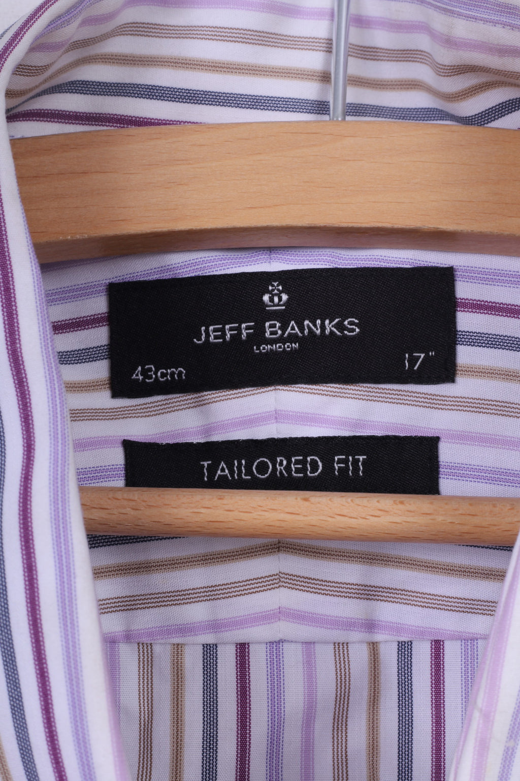 Jeff Banks London Chemise décontractée pour homme 43 17 L Violet rayé Coupe ajustée Boutons de manchette à manches longues 