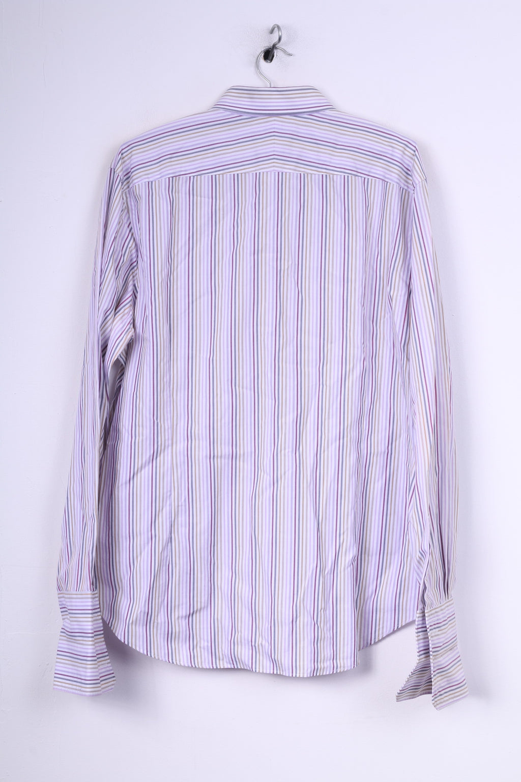Jeff Banks London Chemise décontractée pour homme 43 17 L Violet rayé Coupe ajustée Boutons de manchette à manches longues 