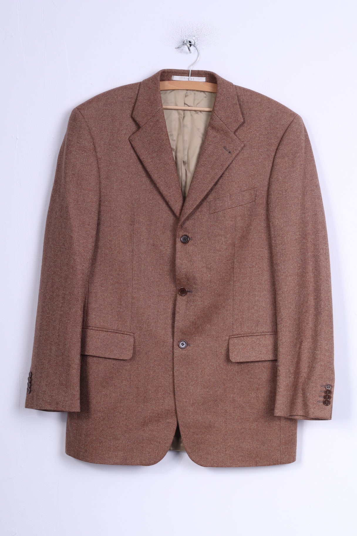 Feraud Mens 98 M Jacket Brown Wool Herringbone Single Breasted Blazer