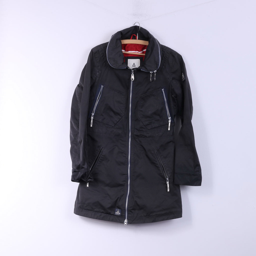 Gaastra Giacca lunga da donna M con cappuccio e tasche nere, leggera, con cerniera intera